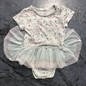 Floral Bodysuit with Tulle Skirt - Green and Pink